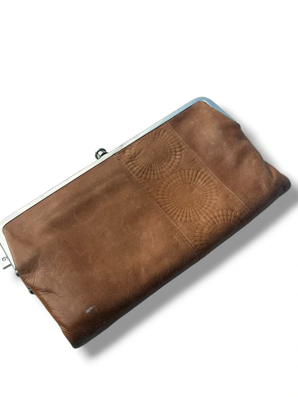 HOBO Lauren Clutch Wallet Brown Leather Embossed Frame Kiss Lock Organizer